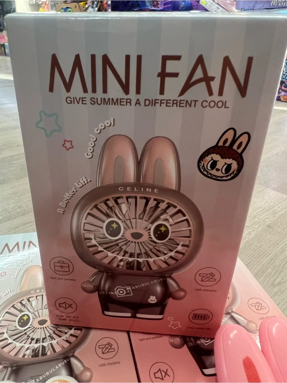 Labubu Cute Bunny Portable Fan - White & Peach